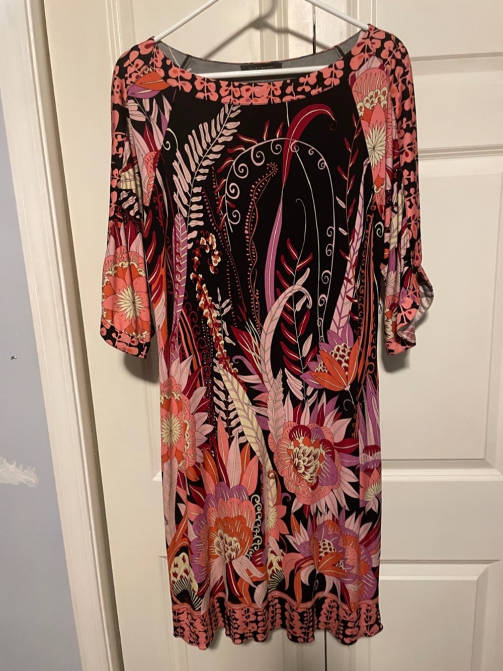 Elie Tahari Black Midi Dress with Coral & Pink Floral Motif